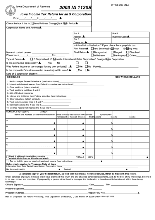 Form Ia 1120s - Iowa Income Tax Return For An S Corporation - 2003 Printable pdf