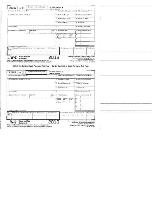 Form W-2 - Wage And Tax Statement - 2013, Form K-2 - Wage And Tax Statement (For Kentucky Department Of Revenue) Printable pdf