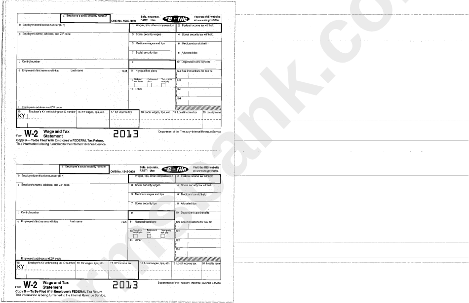 Form W-2 - Wage And Tax Statement - 2013, Form K-2 - Wage And Tax Statement (For Kentucky Department Of Revenue)