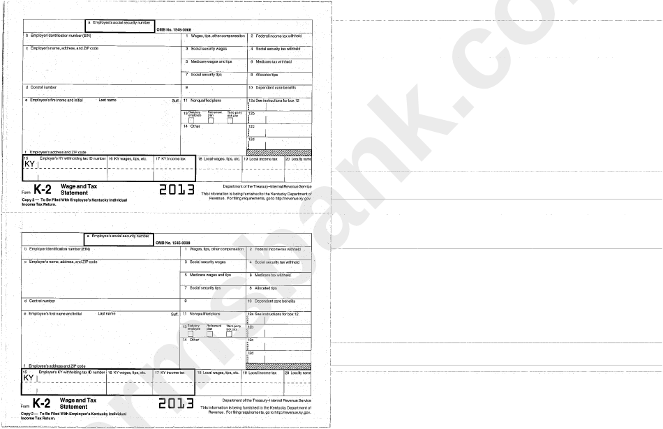 Form W-2 - Wage And Tax Statement - 2013, Form K-2 - Wage And Tax Statement (For Kentucky Department Of Revenue)
