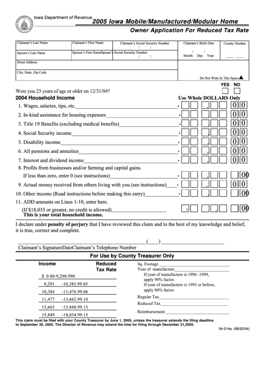 Form 54-014 - Iowa Mobile/manufactured/modular Home Owner Application For Reduced Tax Rate - 2005 Printable pdf