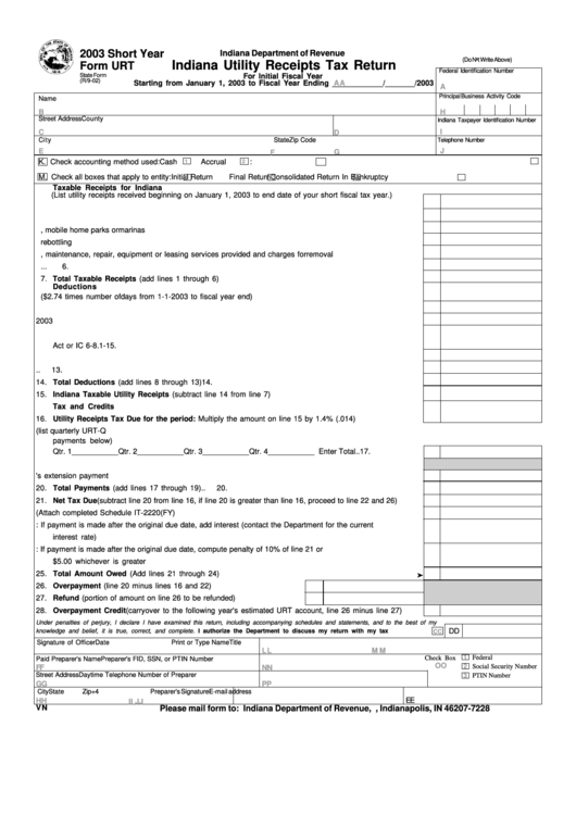 Form Urt - Indiana Utility Receipts Tax Return - 2003 Printable pdf