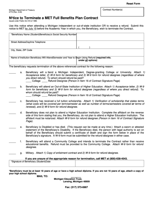 Fillable Form 2773 - Notice To Terminate A Met Full Benefits Plan Contract - 2005 Printable pdf