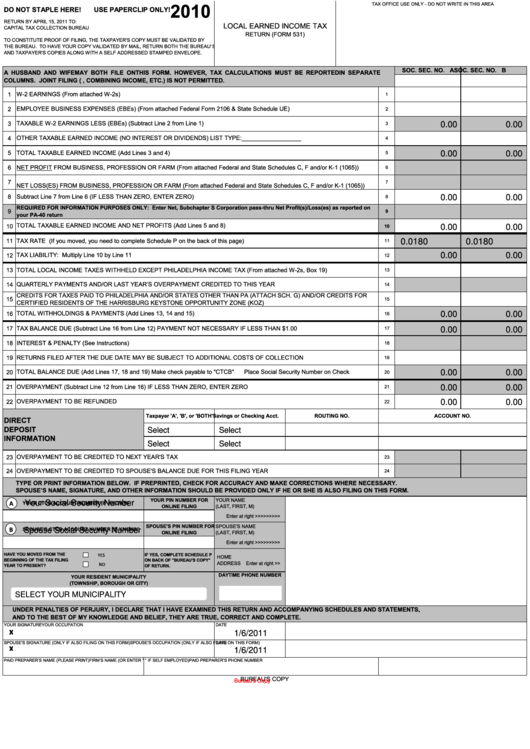 Fillable Form 531 - Local Earned Income Tax Return - 2010 Printable pdf