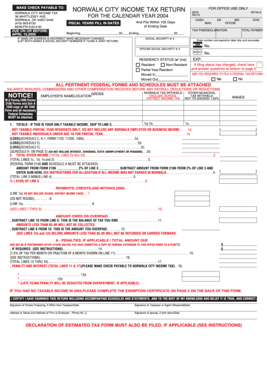 Form R - Norwalk City Income Tax Return - 2004 Printable pdf