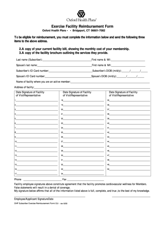 Fillable Exercise Facility Reimbursement Form Printable pdf