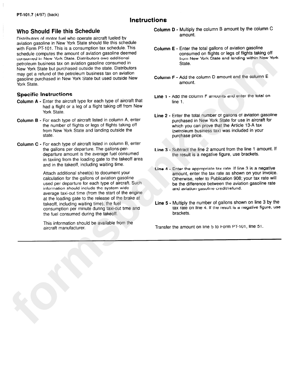 Schedule Pt-101.7 - Aviation Gasoline Consumed In New York State By Aircraft Of Distributors Of Motor Fuel Instructions