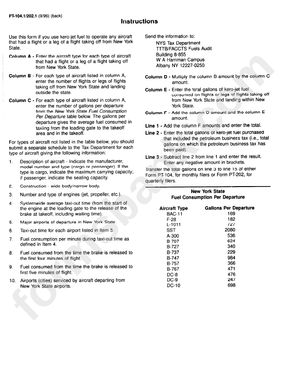 Form Pt-104.1/202.1 - Kero-Jet Fuel Consumed In New York State By Aircraft Instructions