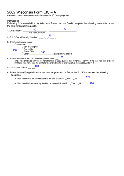 Fillable Form Eic - A - Earned Income Credit - Additional Information For 3rd Qualifying Child - 2002 Printable pdf