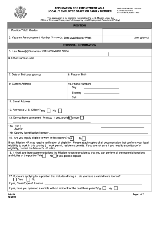 Fillable Form Ds-174 - Application For Employment As A Locally Employed Staff Or Family Member - U.s. Department Of State Printable pdf
