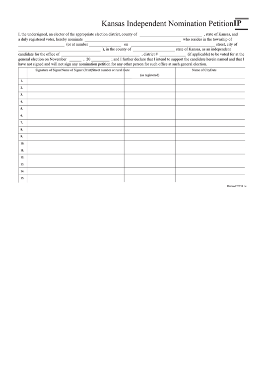 Fillable Kansas Independent Nomination Petition Ip - Affidavit Of Petition Circulator Printable pdf