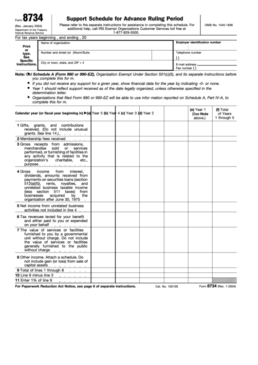 Fillable Form 8734 - Support Schedule For Advance Ruling Period - 2004 Printable pdf