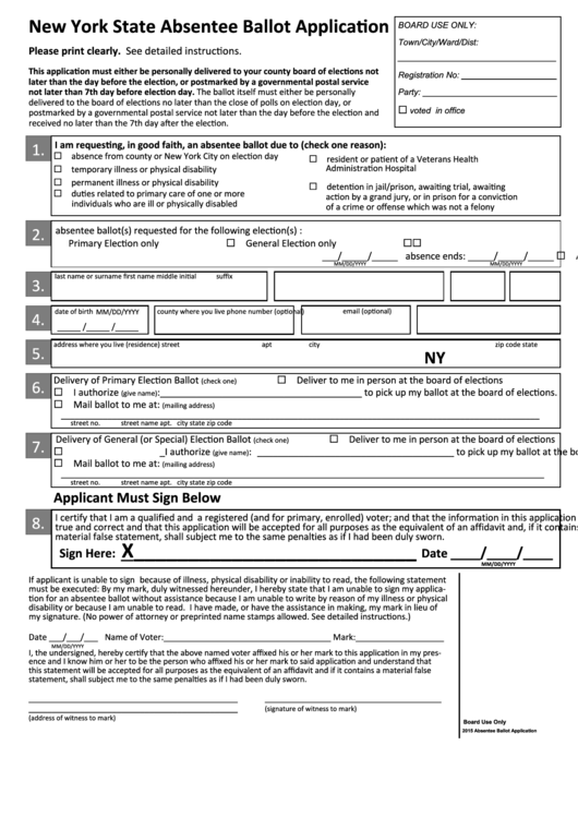 Fillable New York State Absentee Ballot Application Printable pdf