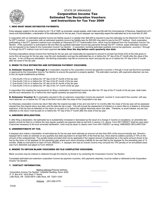 Form Ar1100esct - Estimated Corporation Income Tax Payment - 2009 Printable pdf