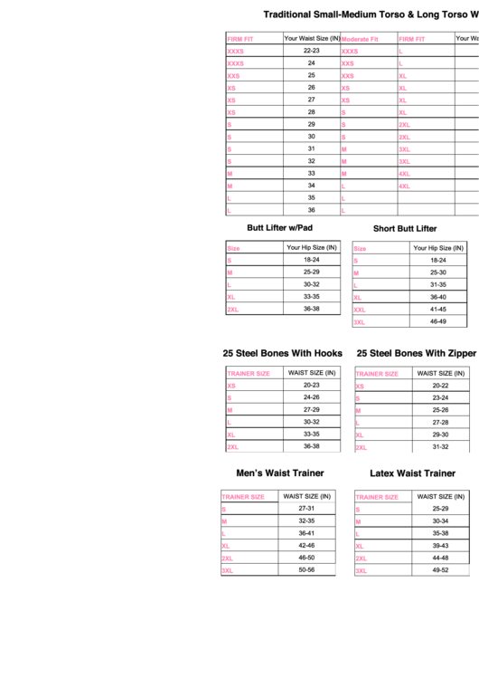 Traditional Small-Medium Torso & Long Torso Waist Trainer Size Chart Printable pdf