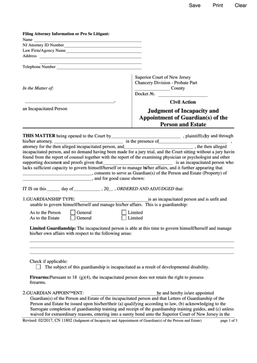 Fillable Judgment Of Incapacity And Appointment Of Guardian(S) Of The Person And Estate - Court Of New Jersey Printable pdf