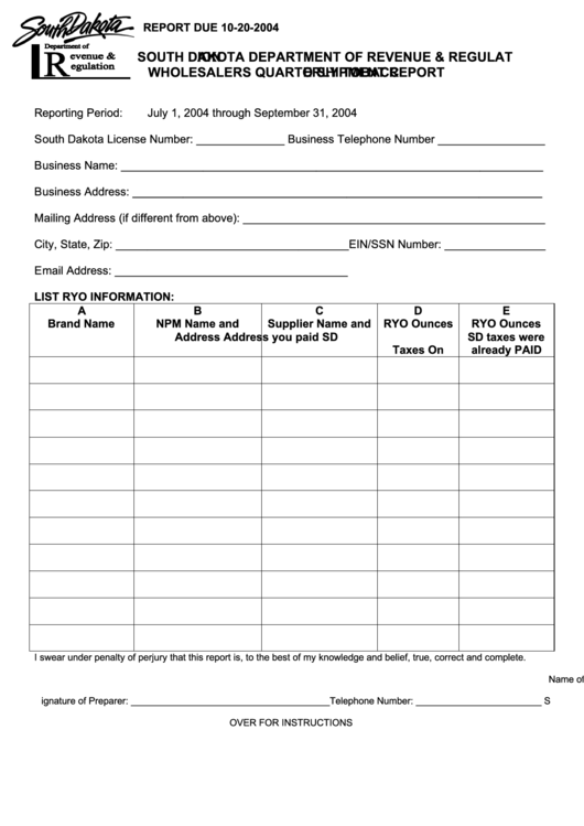 Wholesalers Quarterly Tobacco Shipment Report Form - South Dakota Department Of Revenue Printable pdf