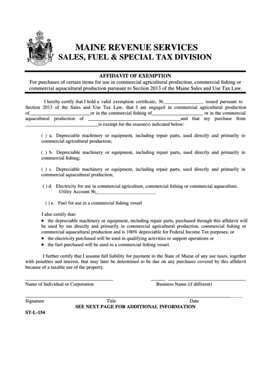 Form St-L-154 - Affidavit Of Exemption - Maine Revenue Services Printable pdf
