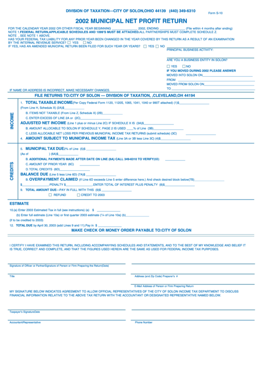 Form S-10 - Municipal Net Profit Return - 2002 Printable pdf