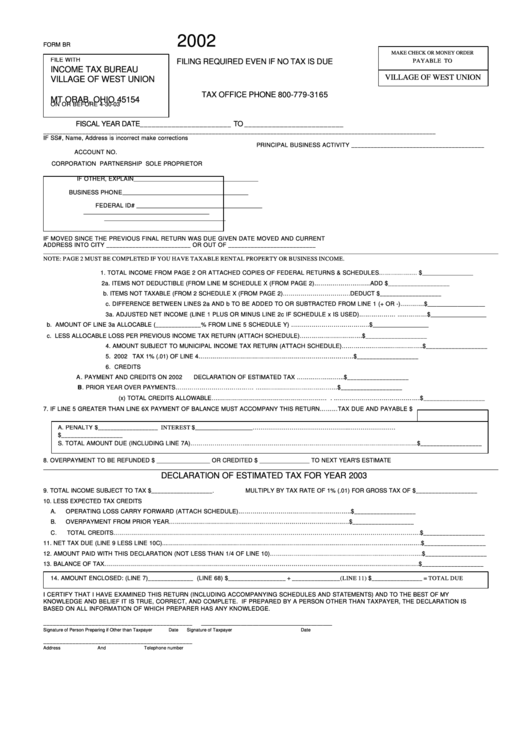 Form Br - Declaration Of Estimated Tax - Village Of West Union - 2002 Printable pdf