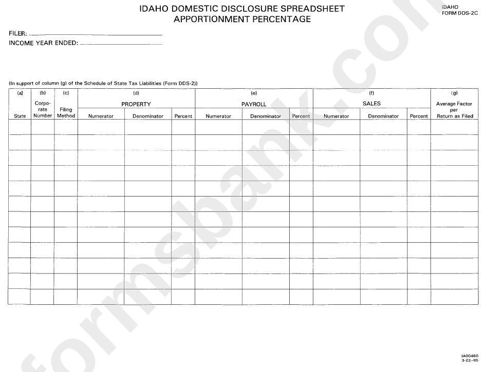Form Dds-2c - Idaho Domestic Disclosure Spreadsheet Apportionment Percentage