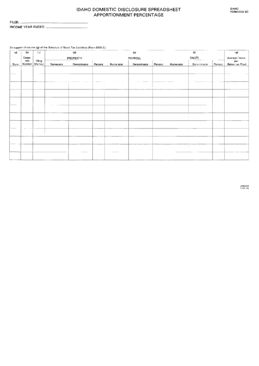 Form Dds-2c - Idaho Domestic Disclosure Spreadsheet Apportionment Percentage Printable pdf