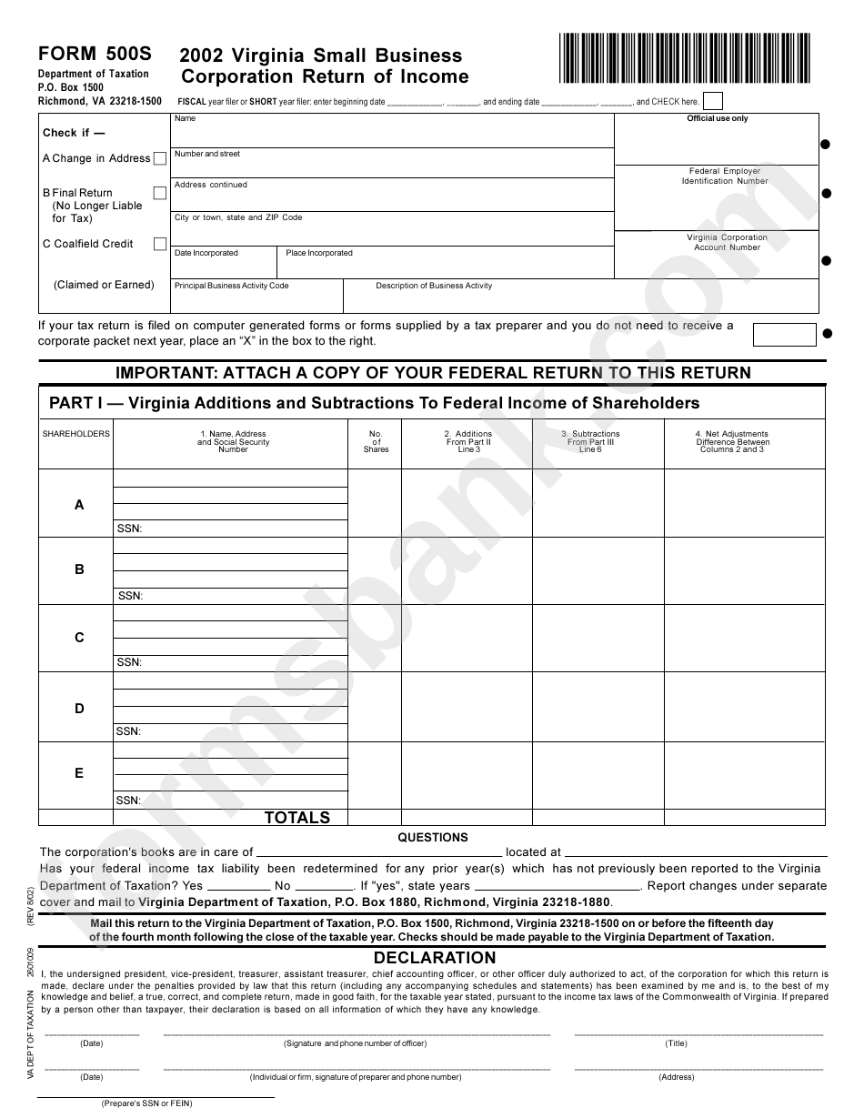 Form 500s - Virginia Small Business Corporation Return Of Income - 2002