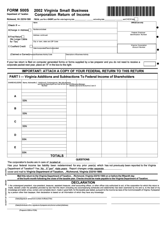 Form 500s - Virginia Small Business Corporation Return Of Income - 2002 Printable pdf