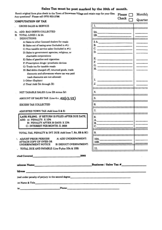 Sales Tax Return - Town Of Snowmass Village printable pdf download