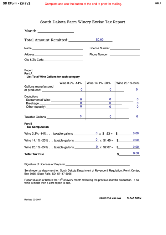 Fillable Sd Eform 1341v2 - South Dakota Farm Winery Excise Tax Report - 2007 Printable pdf