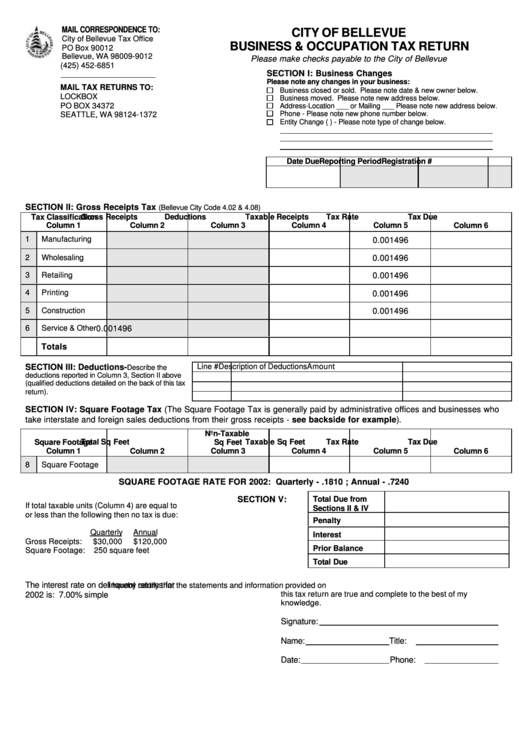 Business & Occupation Tax Return - City Of Bellevue Printable pdf