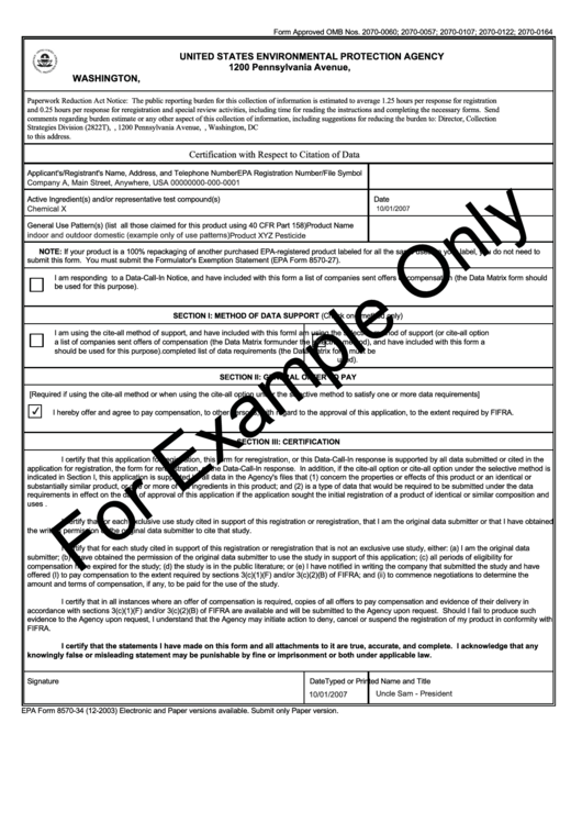 Epa Form 8570-34 Draft - Certification With Respect To Citation Of Data Printable pdf