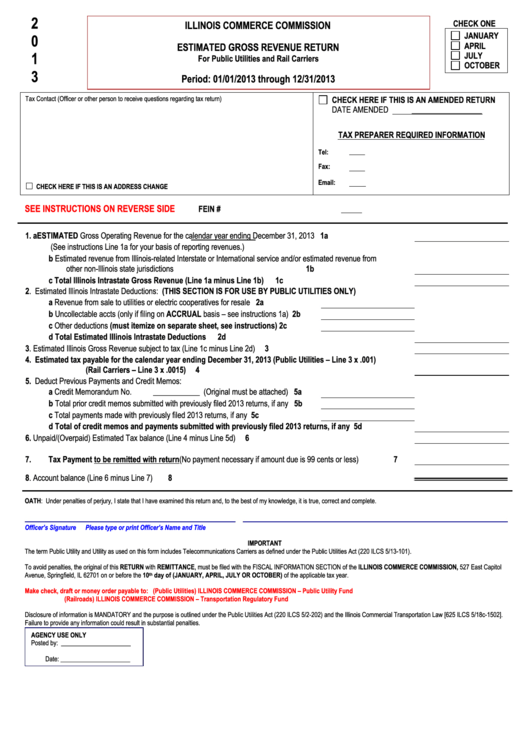 Estimated Gross Revenue Return Form - Illinois Commerce Commission - 2013 Printable pdf