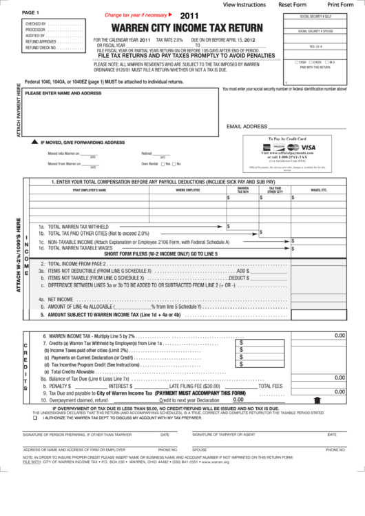 Fillable Warren City Income Tax Return Form- 2011 Printable pdf