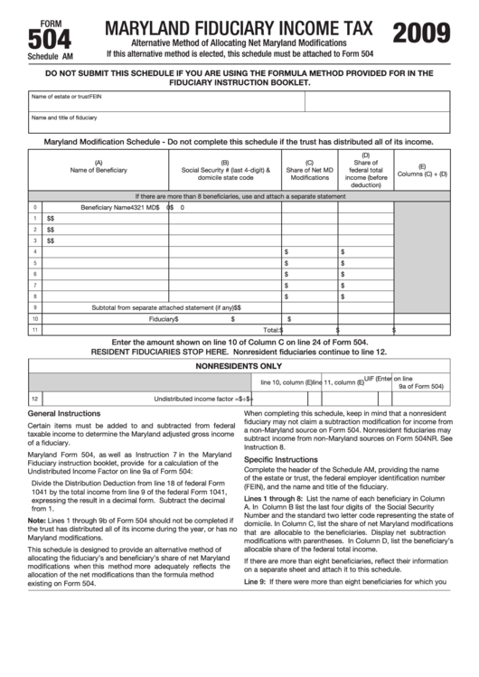 Fillable Schedule Am (Form 504) - Maryland Fiduciary Income Tax - 2009 Printable pdf