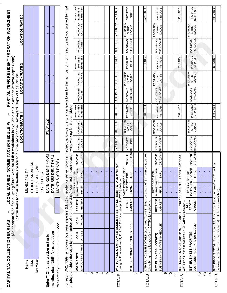 Schedule P - Local Earned Income Tax Partial Year Resident Proration Worksheet