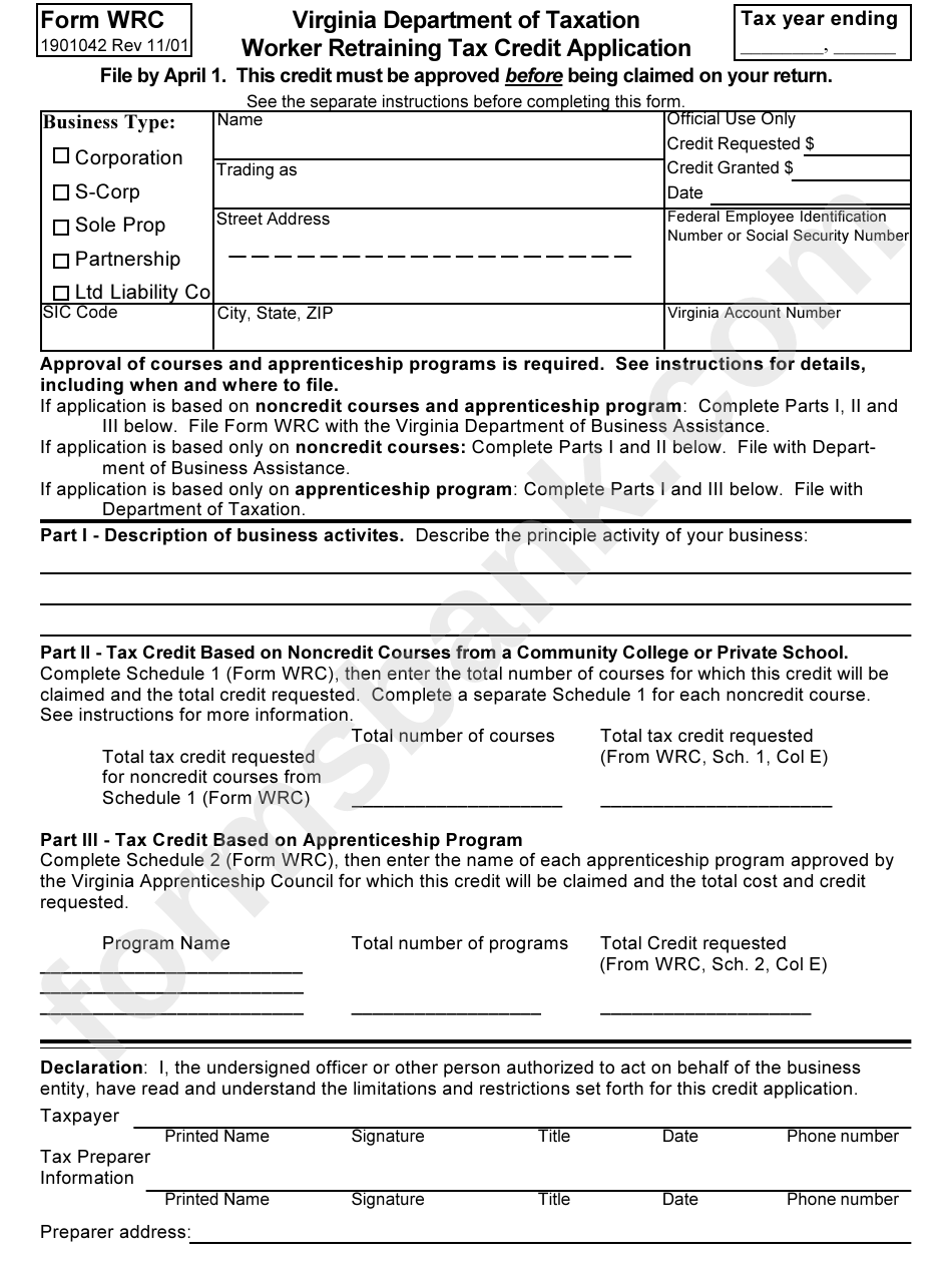 Form Wrc - Worker Retraining Tax Credit Application - 2001