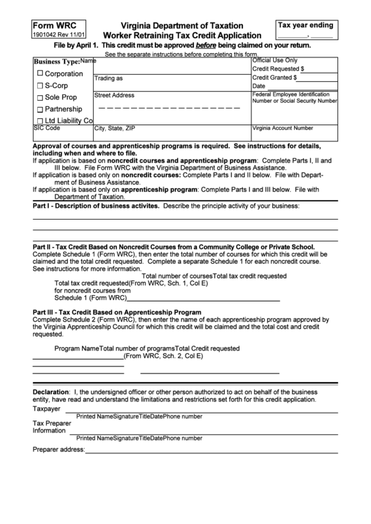 Form Wrc - Worker Retraining Tax Credit Application - 2001 Printable pdf
