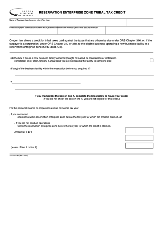 Form 150-102-046 - Reservation Enterprise Zone Tribal Tax Credit - Oregon Department Of Revenue Printable pdf