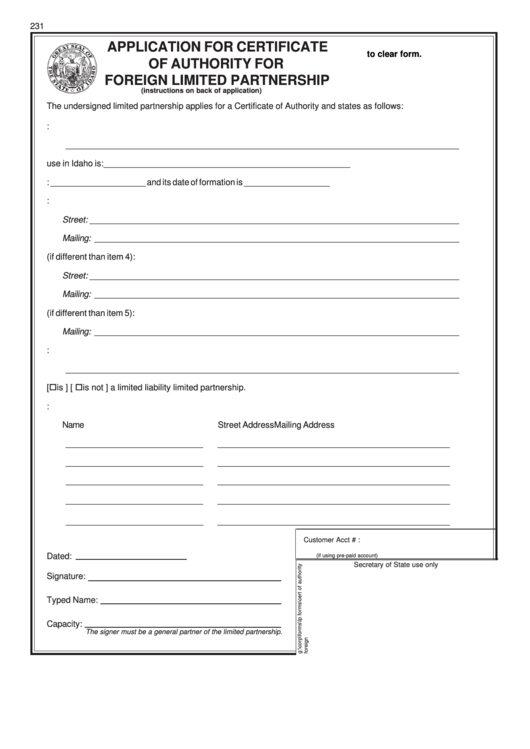 Fillable Form 231 - Application For Certificate Of Authority For Foreign Limited Partnership Printable pdf