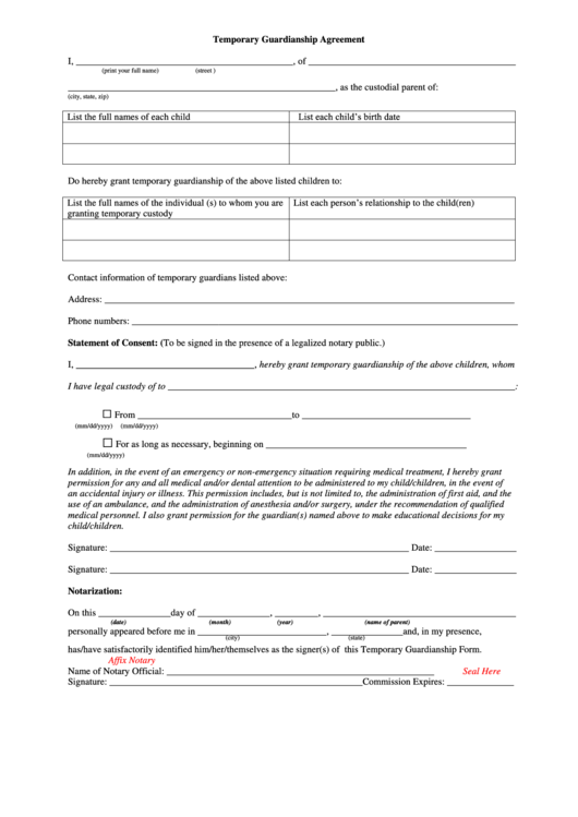 Temporary Guardianship Agreement Form Printable pdf