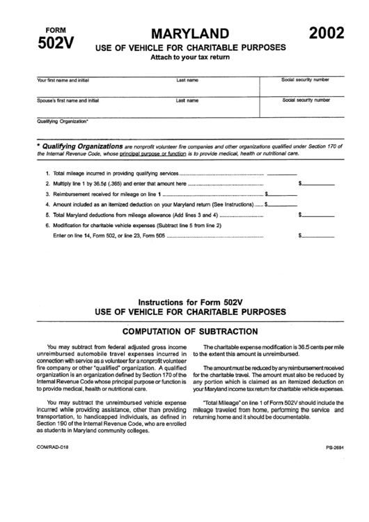 Form 502v - Maryland Use Of Vehicle For Charitable Purposes - 2002 Printable pdf