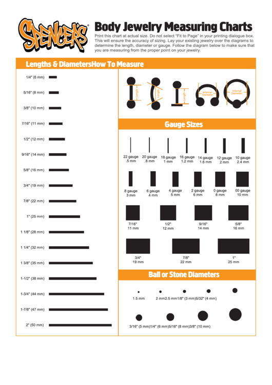 Spencers Body Jewelry Measuring Charts printable pdf download