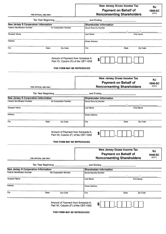 Form Nj 1040-Sc - Payment On Behalf Of Nonconsenting Shareholders Printable pdf