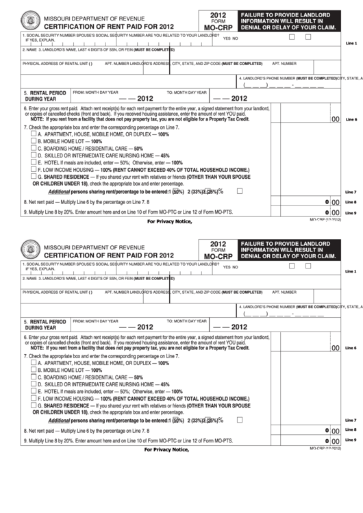Fillable Form Mo-Crp - Certification Of Rent Paid For 2012 Printable pdf