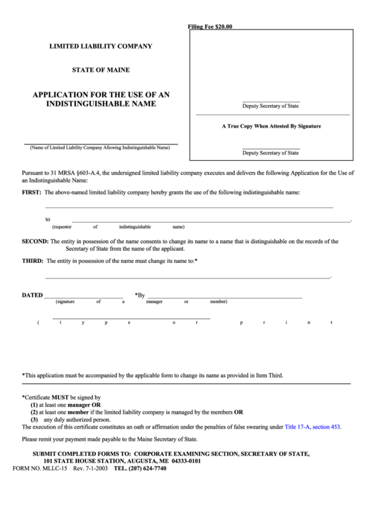 Fillable Form Mllc-15 - Limited Liability Company Application For The Use Of An Indistinguishable Name Printable pdf