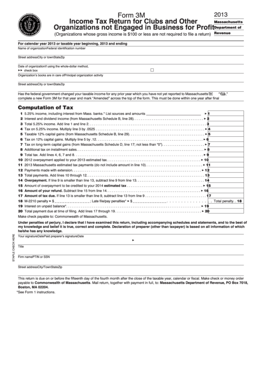 Form 3m - Income Tax Return For Clubs And Other Organizations Not Engaged In Business For Profit - 2013 Printable pdf