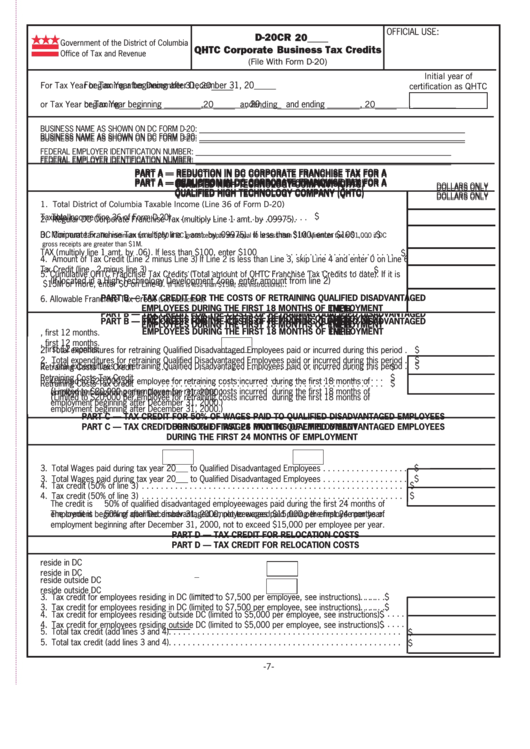 Form D-20cr - Qhtc Corporate Business Tax Credits Printable pdf