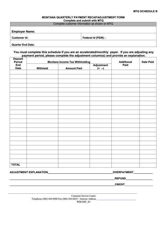 Mtq Schedule B - Montana Quarterly Payment Recap/adjustment Form Printable pdf