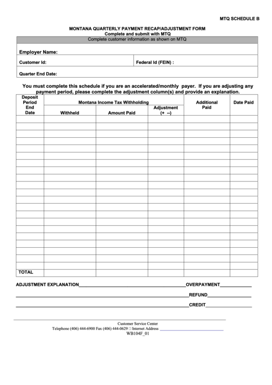 Mtq Schedule B - Montana Quarterly Payment Recap/adjustment Form ...